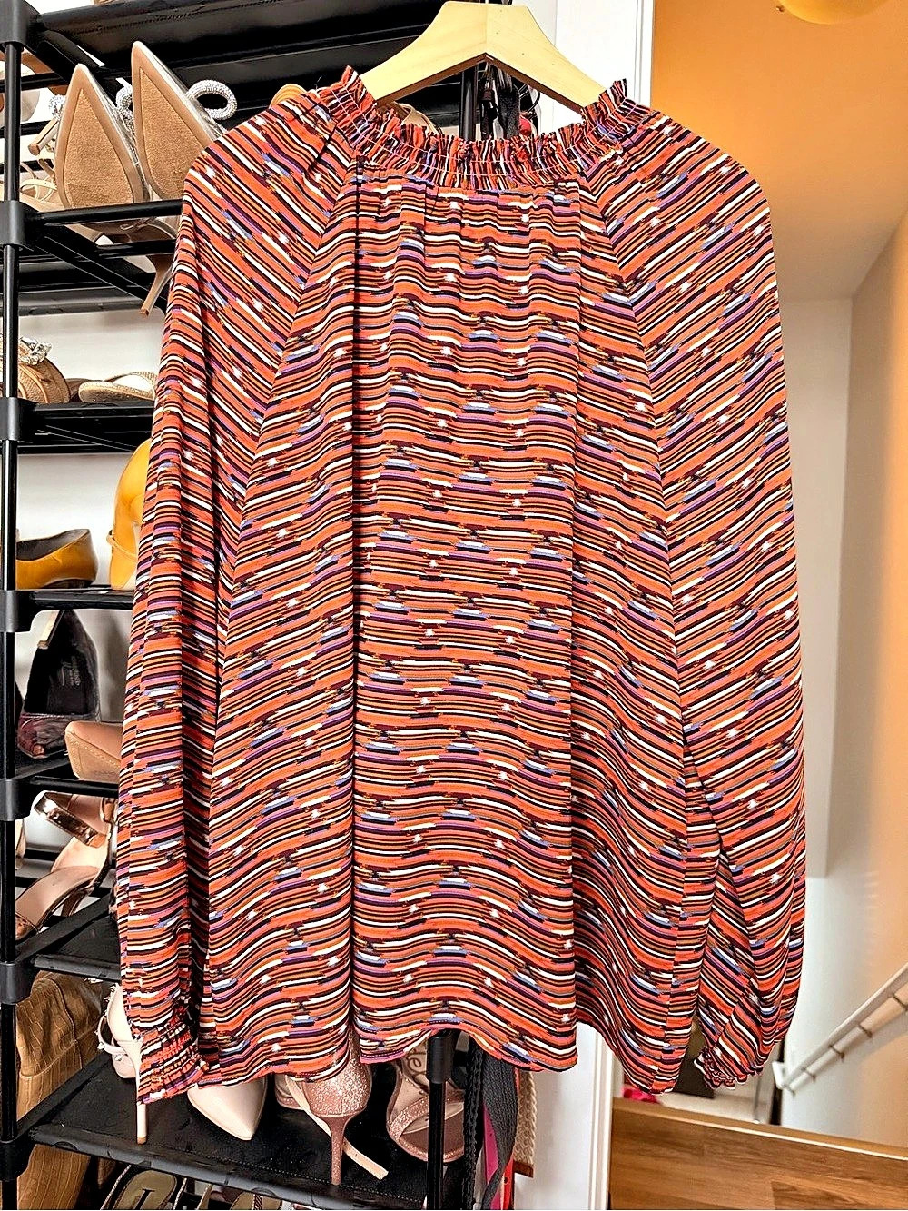 LOFT Abstract Long Sleeve Blouse in Orange & Black Size XL